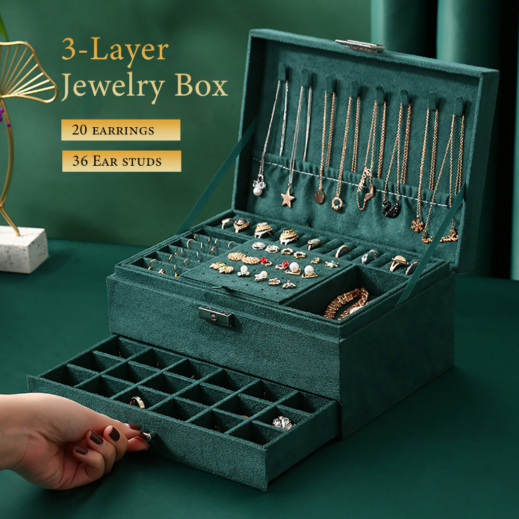 Large New Jewelry Box 3-layers / 2 layers Green Velvet Organizer Ring Necklace Makeup Fashion Accessories Case Holder Case with Lock Women Valentine's Day Gift