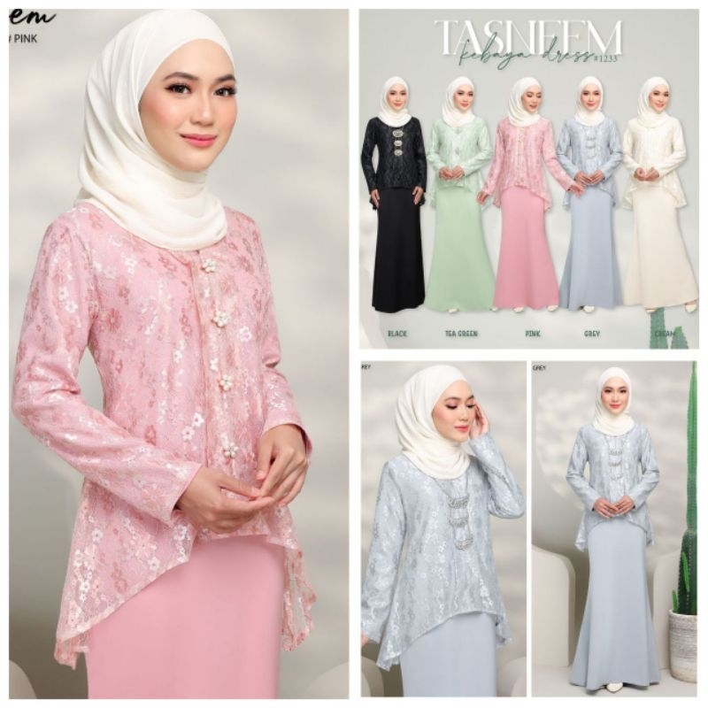 Tasneem Dress Kebaya Satin Lace 2 in 1. 1233 Tasneem Satin Kebaya Lace Dress. Baju Dress Jubah Satin Dengan Lace Kebaya.