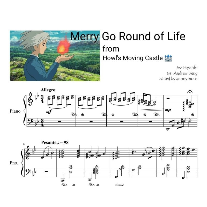 Piano Sheet MERRY-GO-ROUND OF LIFE (Howl's Moving Castle) Joe Hisaishi | ADVANCED VERSION with note names