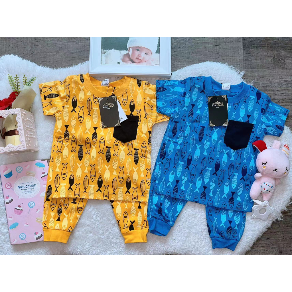 Kikilala Baby Boy Short Sleeve Long Pants Set Baju Anak Bayi Set Rumah Set Jalan