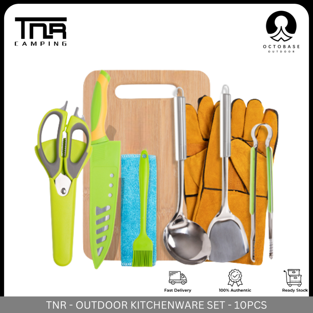 TNR CAMPING - 10PCS OUTDOOR KITCHENWARE STAINLESS STEEL SET KNIFE SPATULA SPOON SCISSORS WITH BAG