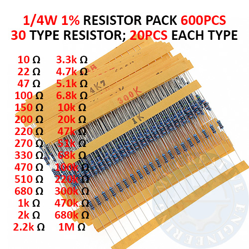 600pcs 30 Values 1% 1/4W 0.25W Resistor Metal Film Assorted Kit Set Pack 10 Ohm ~1M Ohm 20pcs Each