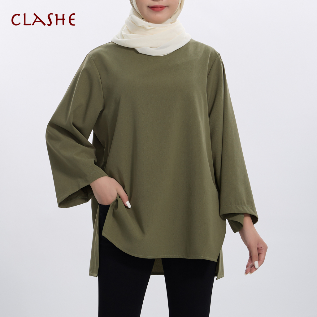 Clashe Blouse Women CEY CREPE Round Neck Navy Long Sleeved Plus Size Casual Baggy Shirt