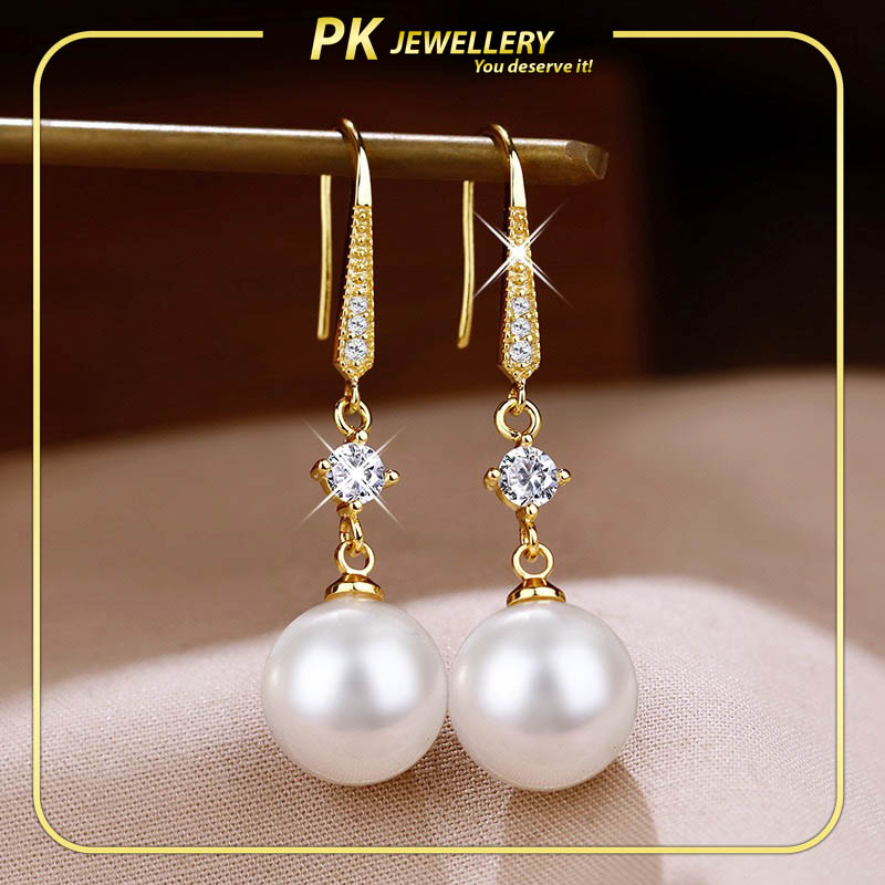S925 Earrings Korean Subang Telinga Mewah Anting Mutiara Asli Sabah Pearl Diamond Gold Emas Korea Bangkok 耳环珍珠金
