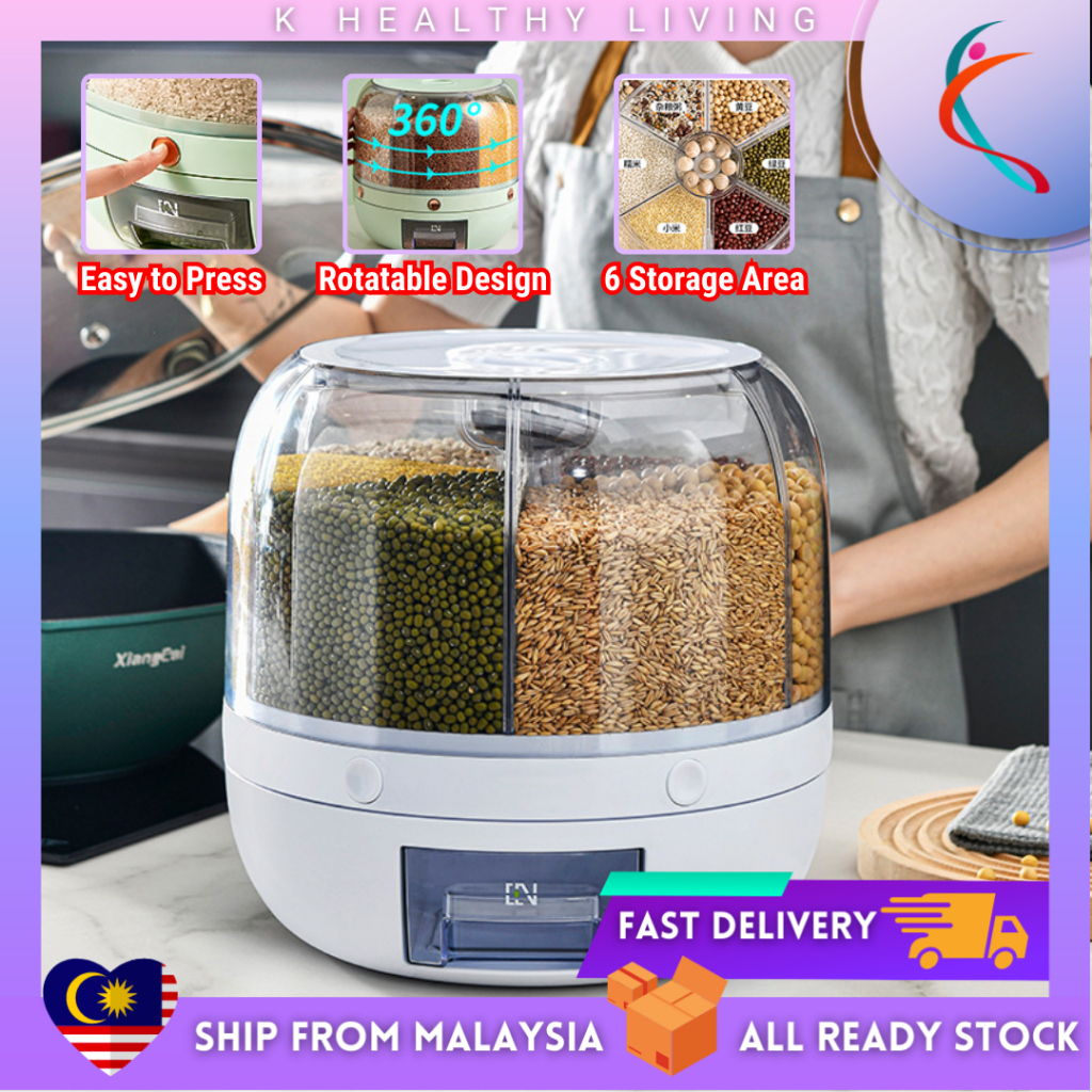 【READY STOCK】6 Grid Rotating Rice Dispenser Rice Storage Bucket Rice & Grain Storage Container Bekas Simpan Beras 谷粮收纳盒