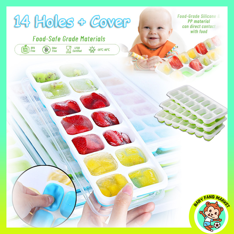 Ready Stock 14 Holes Ice Cubes Grid Ice Maker Silicone Box With Cover For Baby Food Puree Made Ice Made Container