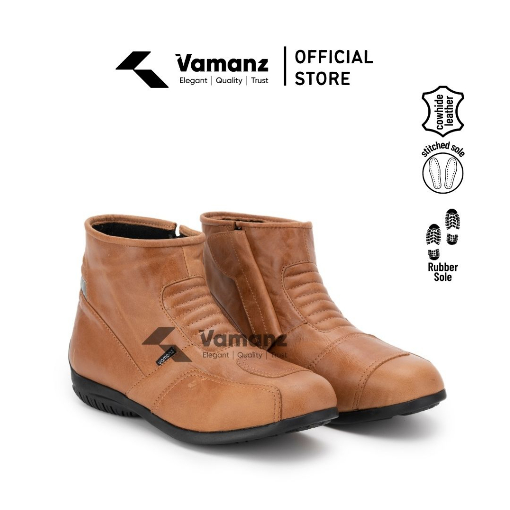 Vamanz Leather Original Cowhide Brown Oil Leather Mid Cut Biker Safety Boots Kasut Motor Kulit Brown