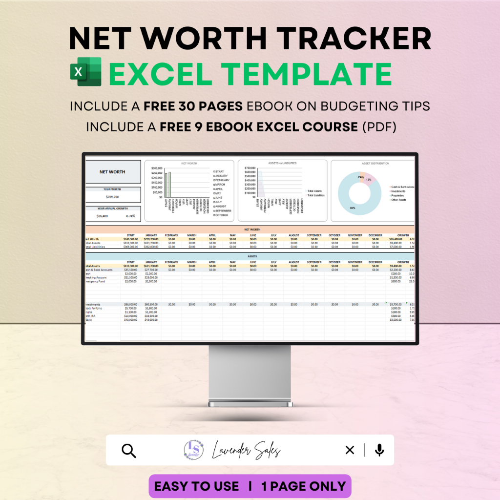 NET WORTH TRACKER (EXCEL TEMPLATE) : Net Worth Dashboard | Personal Finance | Assets and Liabilities Template