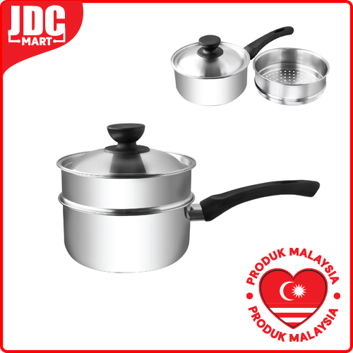 MURAH JDC Stainless Steel Saucepan with Steamer 20cm /  Periuk Tahan Keluli Karat 20cm & Pengukus