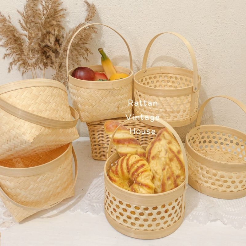 (Rattanvintage)Bamboo Basket | Handcrafted Rantang Basket | Small Storage Basket | Bakul Buluh | Bakul Buah-buahan | 竹篮