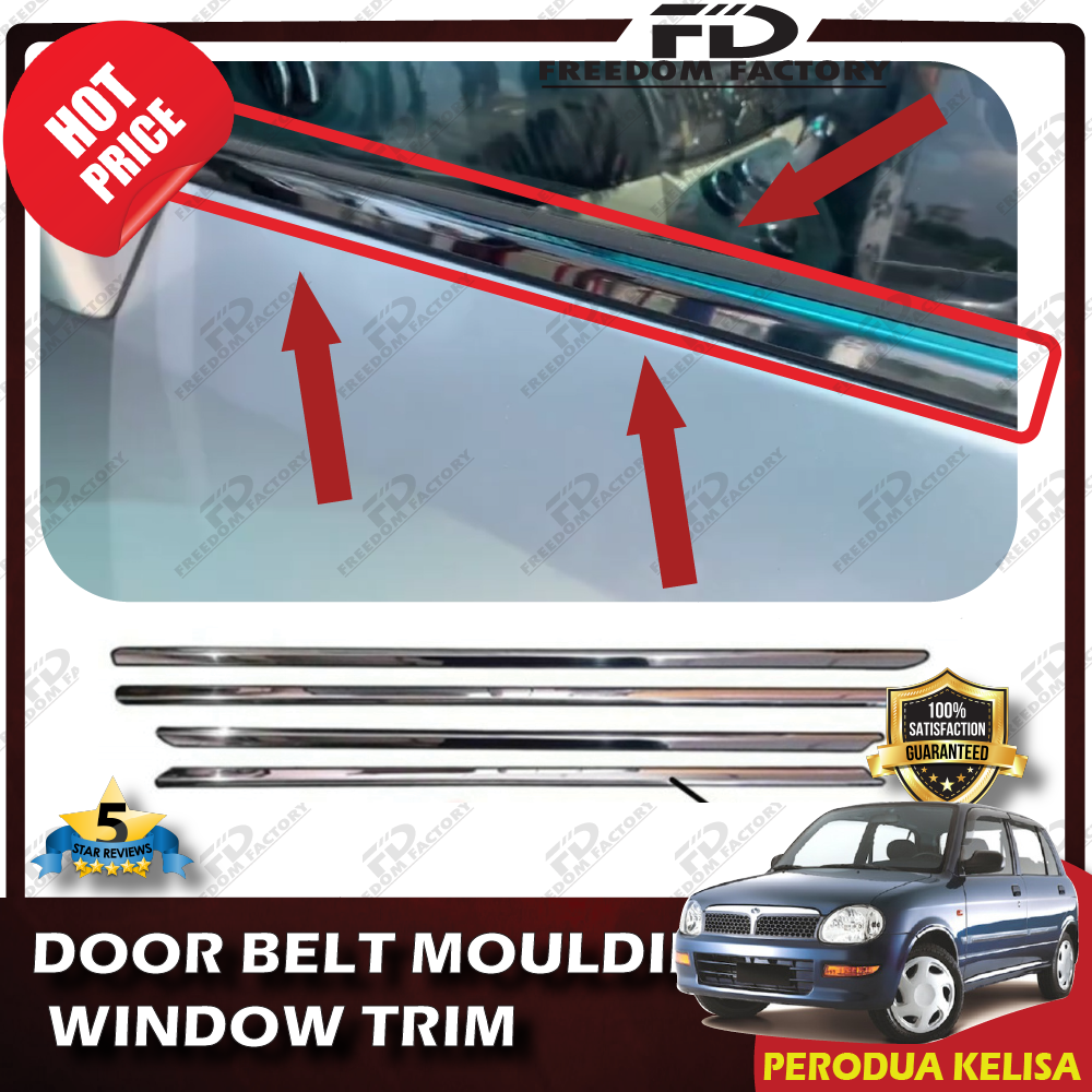 (4 Pieces/Set)PERODUA KELISA CHROME Door Belt Moulding / Window Trim Lining / Chrome Tepi Cermin Pintu