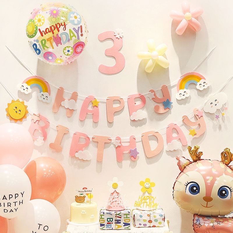 ✨Ready Stock✨Korean Theme Yellow Daisy Pink Deer Happy Birthday Party Decoration Balloon Banner Flag Number 0-9