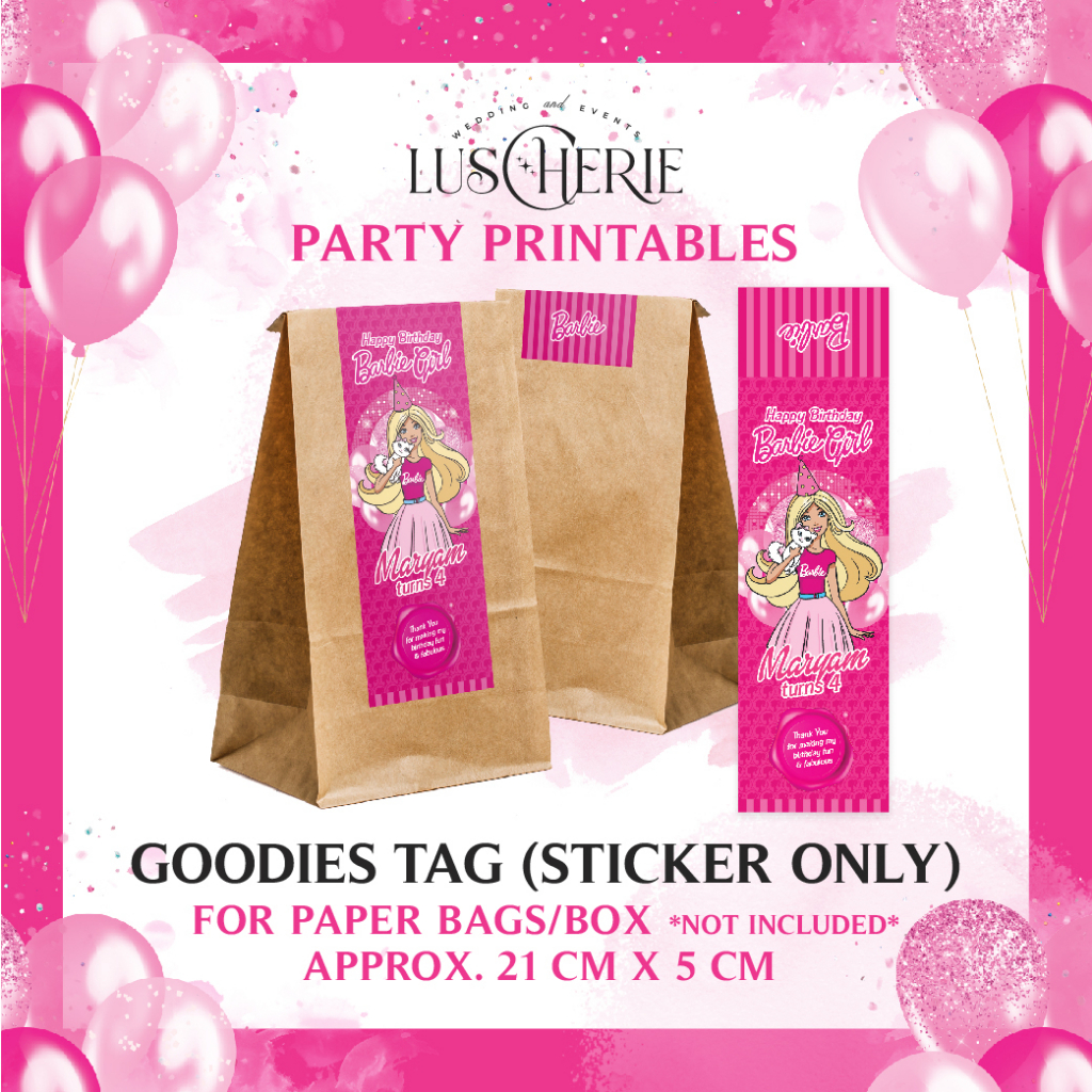 Barbie Girl Birthday Party Printables Pack Cake Topper Bottle Wrapper