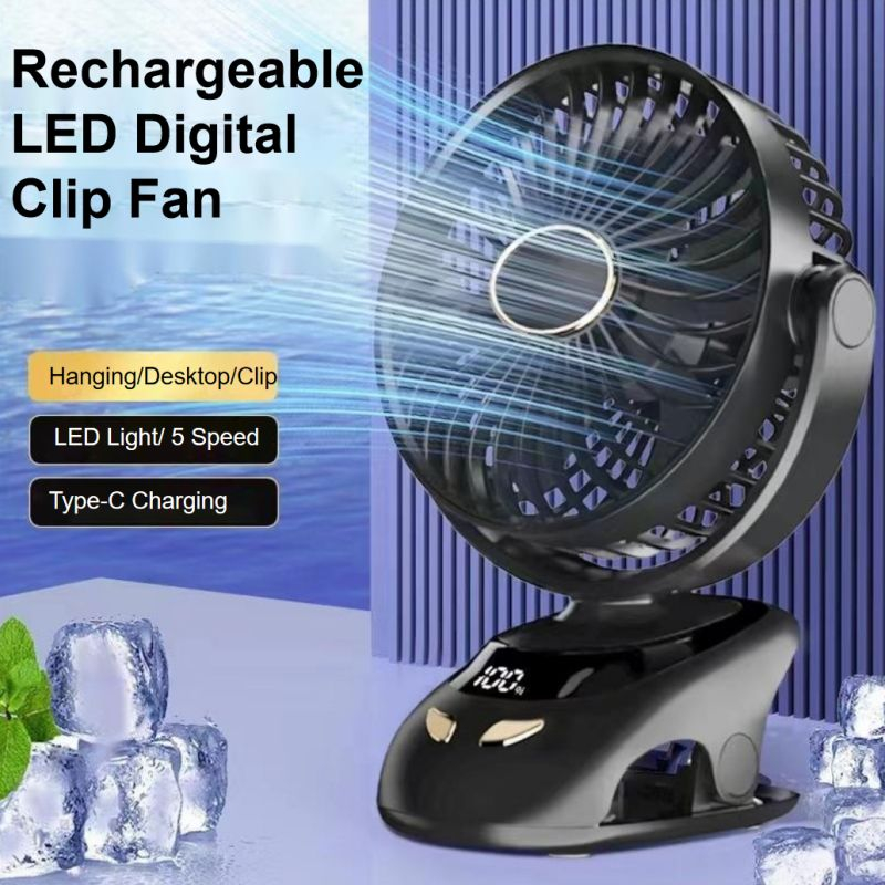 20000mAh Rechargeable Mini Fan Clip Fan With LED Digital Hanging Fan Desk Fan 5 Wind Speed Type-C Charging