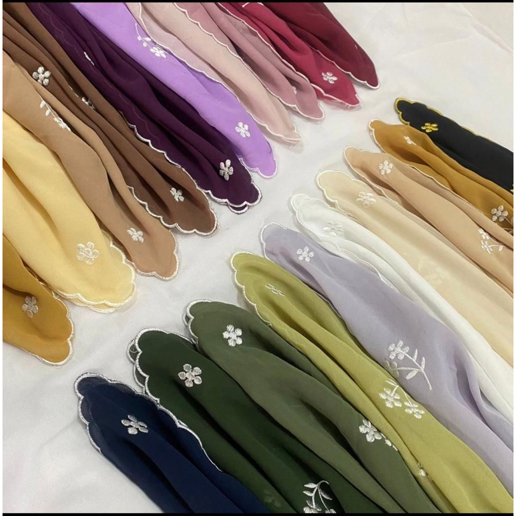 Shawl Sulam Bunga Tabur CHIFFON | Hijab Premium Heavy Chiffon untuk Wanita, 1.8m x 0.7m TRENDING