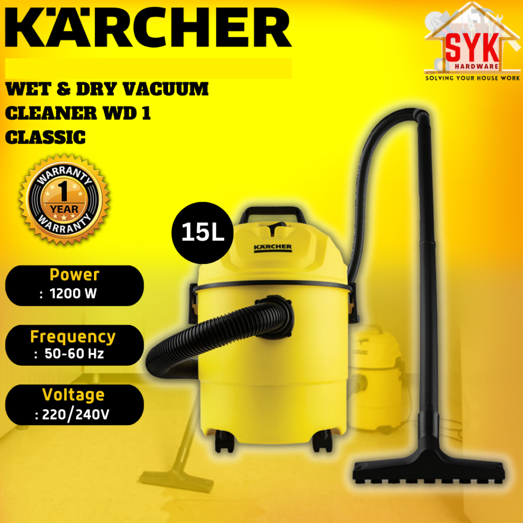 KARCHER WD1 CLASSIC WET & DRY MULTIPURPOSE VACUUM CLEANER 15L 180 AIR WATTS 220240V