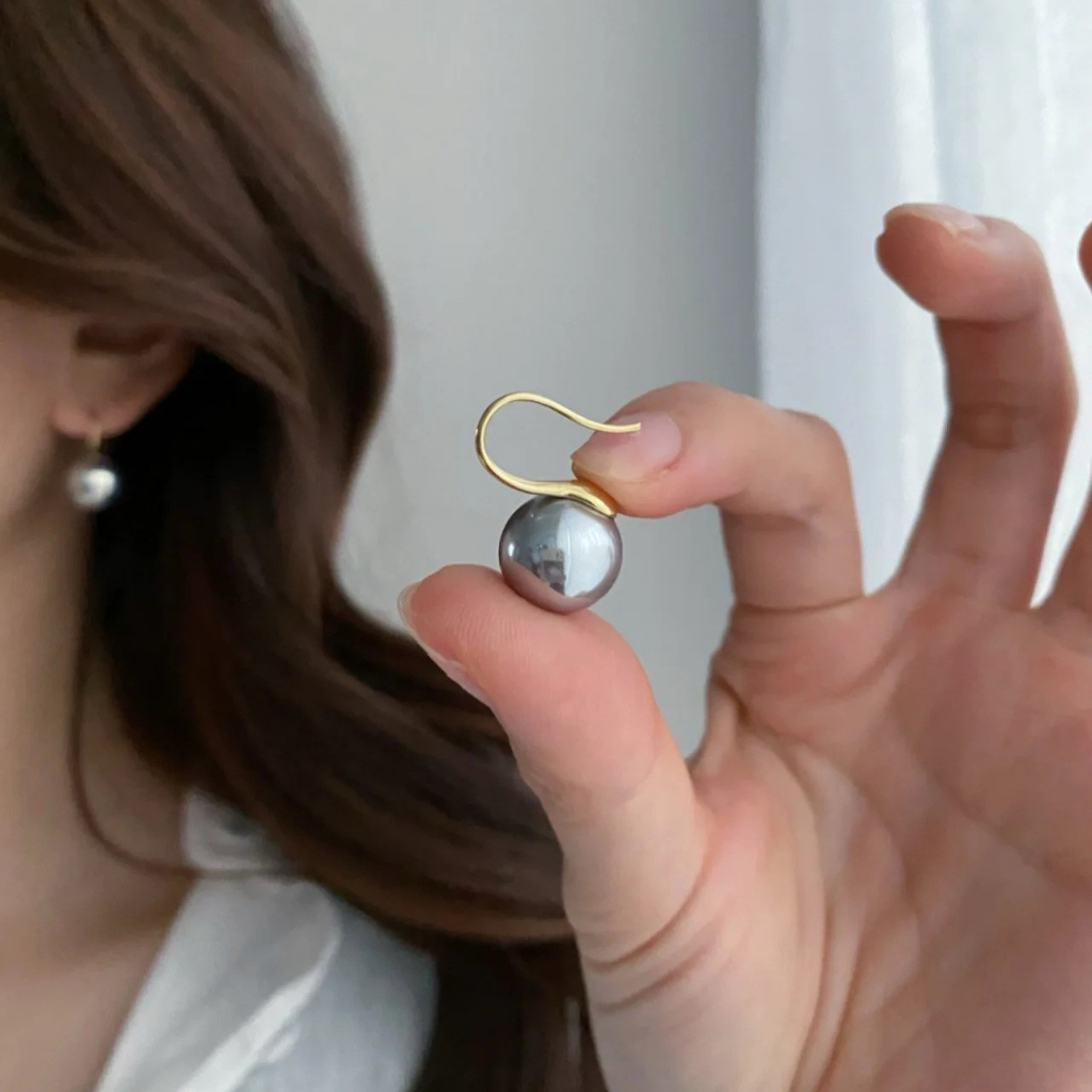 BLOSSOM Shell Pearl Earrings, A127, Classic Linen Gray And Creamy White Pearl Earrings