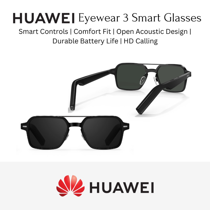 READY STOCK HUAWEI Eyewear 3 Smart Glasses - Aviator Full-Frame Sunglasses (Black)