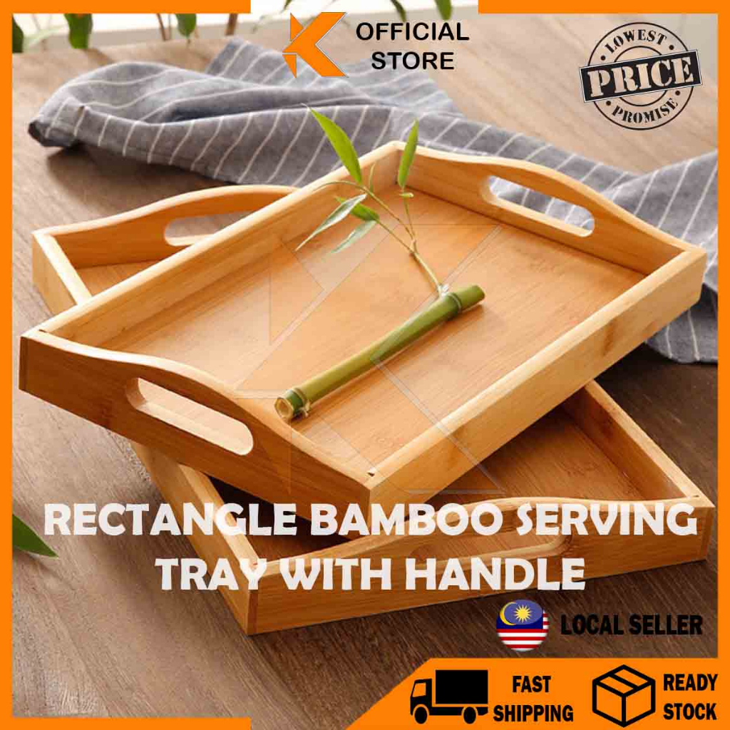 【K-Home】Rectangle Bamboo Tray with Handle Wooden Serving Tray Makanan Tea Tray Buffet Wooden Tray Kuih Talam Dulang Kayu