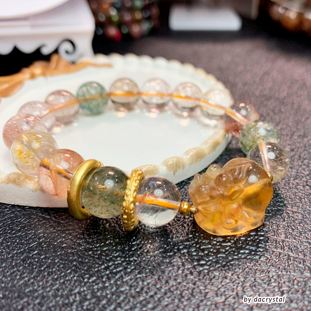 【DACRYSTAL】High-grade Mix Color Rutile X Fluorite Pixiu Jewelry Crystal Bracelet 彩发晶 X 萤石貔貅水晶手链