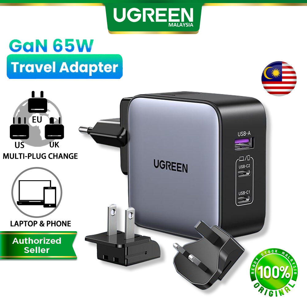 UGREEN 65W GaN Multi Travel Charger with Universal Plug PD Quick Charge 2C1A Charger iPhone 16 Pro Macbook Laptop Tablet