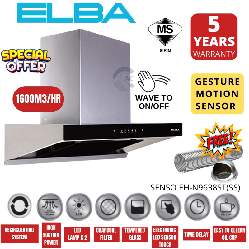 ELBA DESIGNER CHIMNEY HOOD SENSO EH-N9638ST(SS) GESTURE MOTION SENSOR /HOOD DAPUR