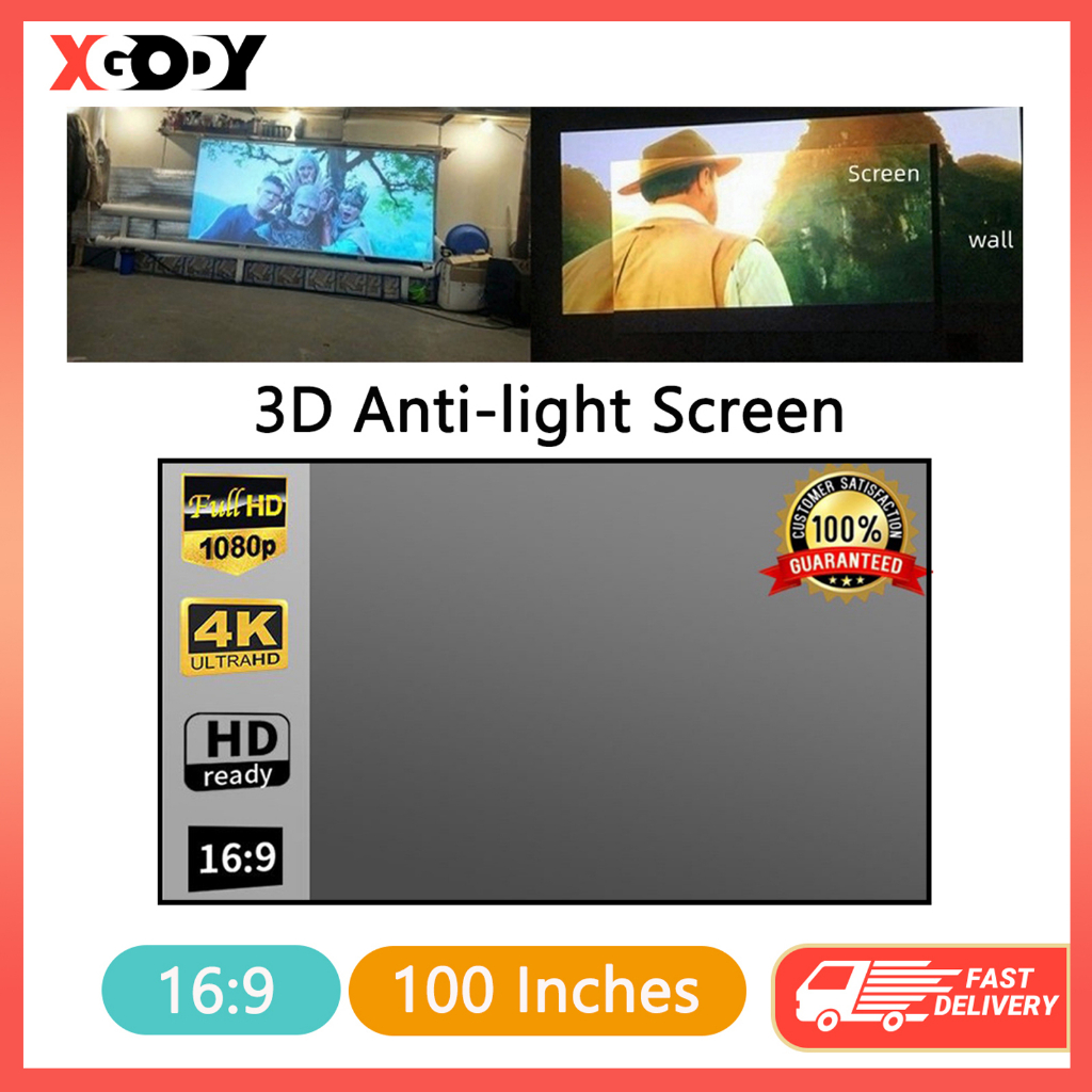 [Local Seller] Anti-Light Projector Screen 16:9 Foldable Portable Projection Film Screen Metal 100 Inch HD 4K Curtain Wall Mounted For Home Theater