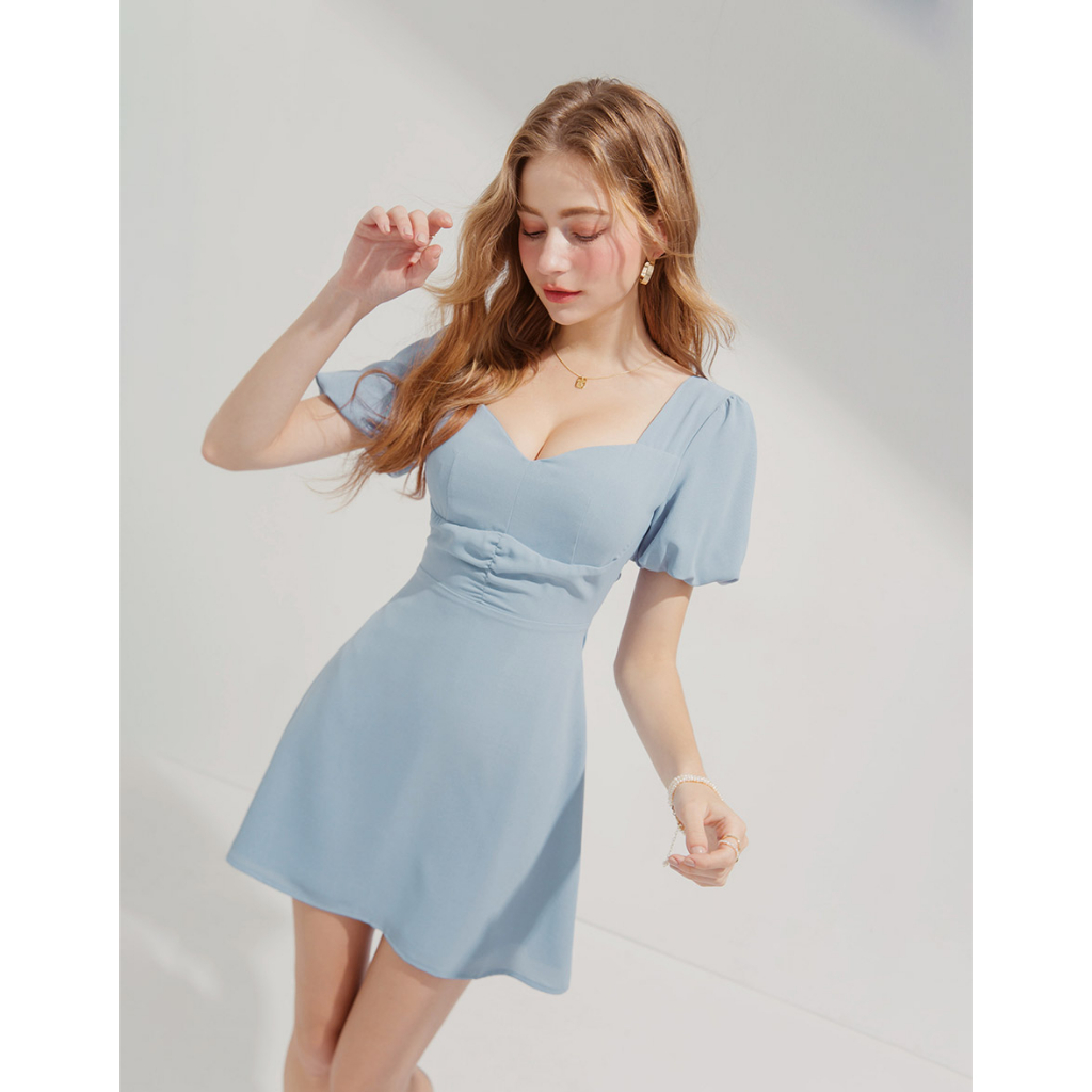 AIR SPACE Peach Heart Neck Puffed Sleeves Strap Mini Dress (With Chest Pad)