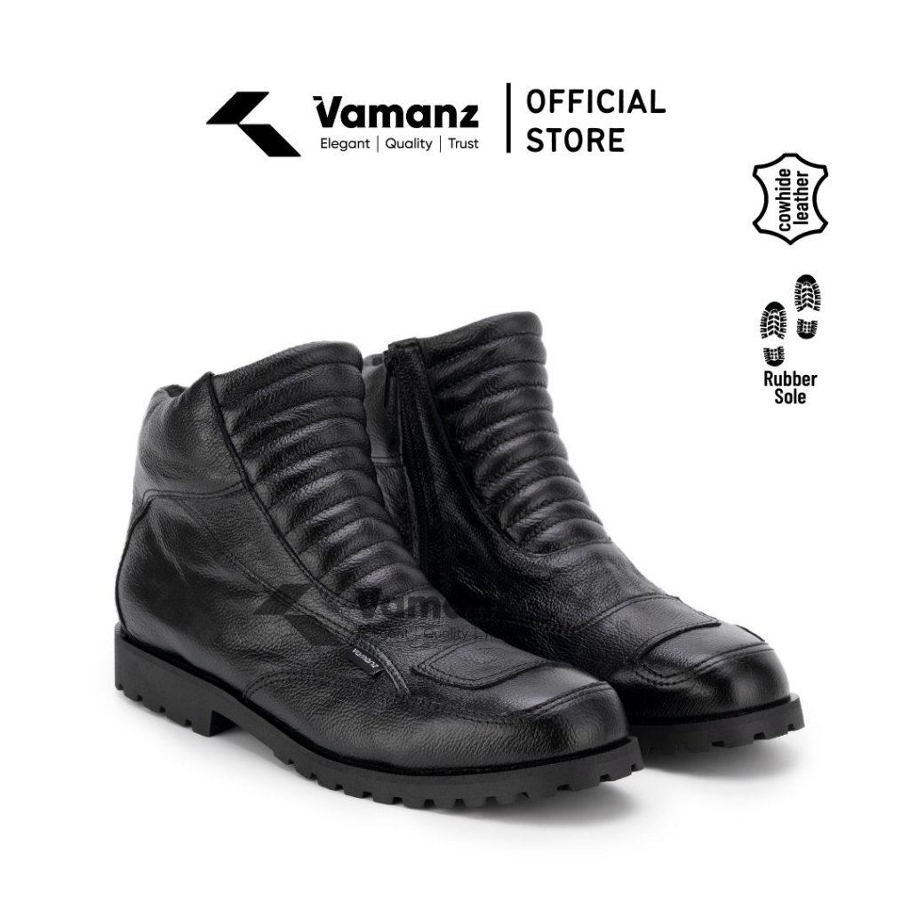 Vamanz Leather Original Cowhide Leather Mid Cut Biker Safety Boots Kasut Motor Kulit Hitam