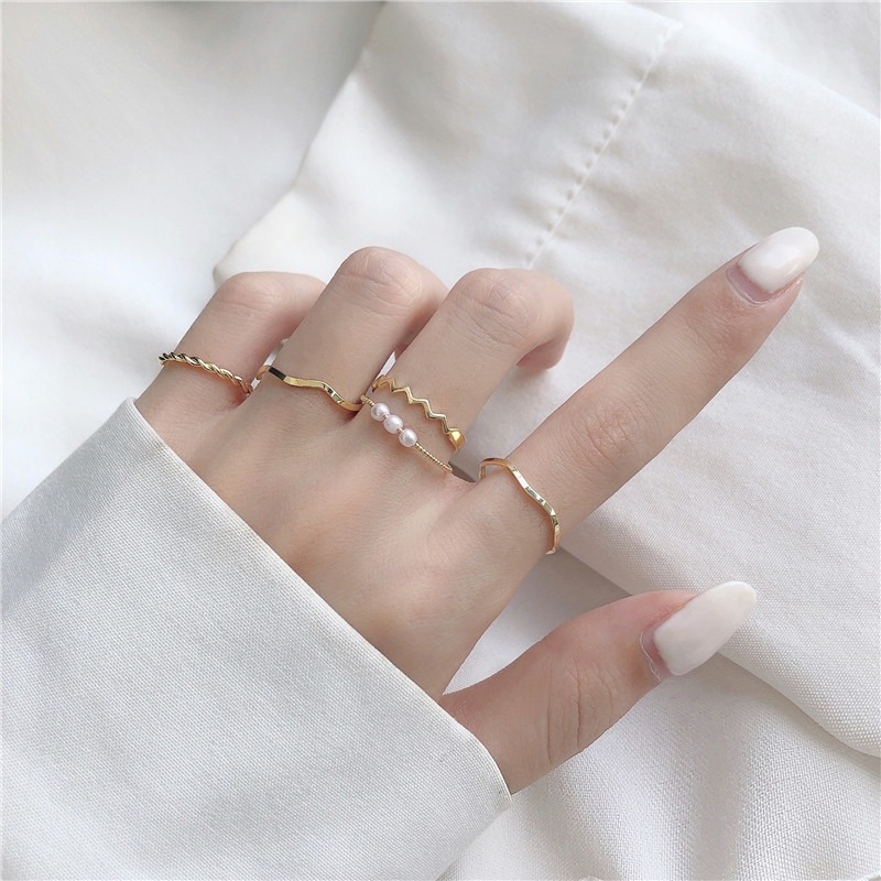 ❤ Fashion Creative Metal Ring Set Luxury Pearl Adjustable Finger Rings Women Jewelry Accessories ins日韩简约波浪形戒指.