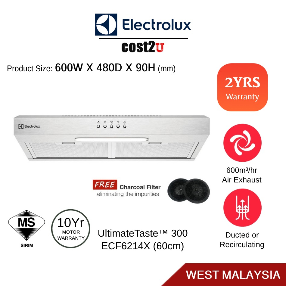 Electrolux 60cm UltimateTaste 300 Stainless Steel Slimline Hood | ECF6214X (Slim Cooker Hood Range Hoods Tudung Dapur