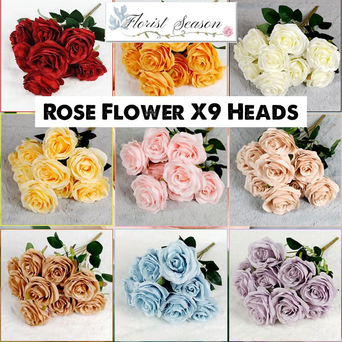 Artificial Rose Flower x9 Head 45cm / Bunga Rose Mawar Bunga Hiasan / Hand Bouquet Bunga Tangan / Home Decoration 仿真玫瑰花