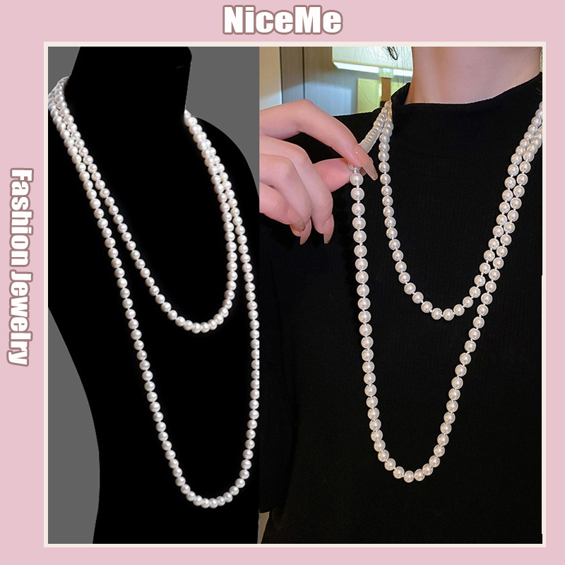 Trendy Long Pearl Necklace Women Elegant White Pearl Necklace Simple Sweater Chain