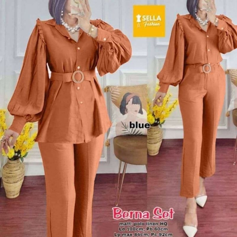 Ready Stock New Fashion Set Berna Kemeja Blouse + Pants