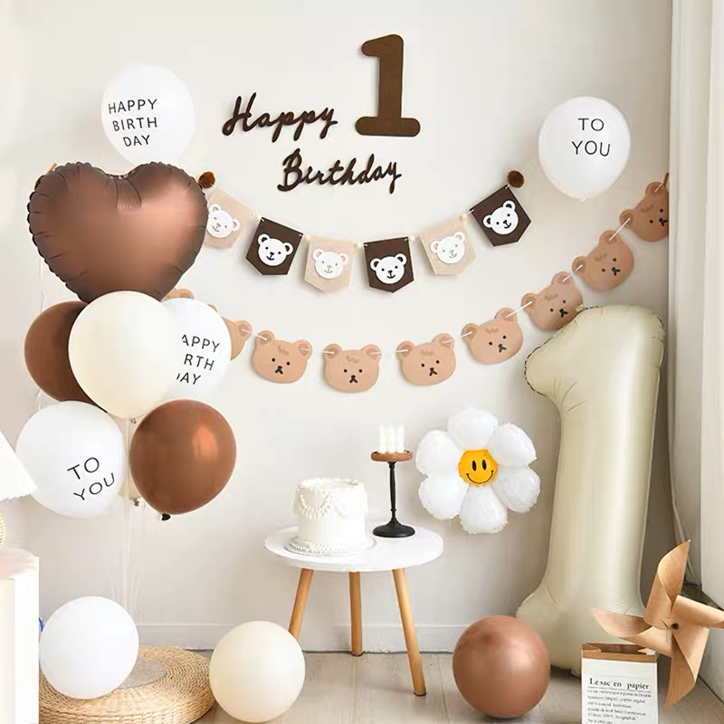 ✨Ready Stock✨INS Cute Brown Bear Flag Banner Happy Birthday Baby Shower Party Decoration Banner Backdrop 森系熊熊拉旗