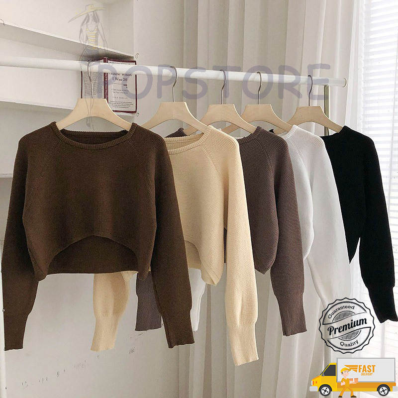 ?Ready Stock?New Sweater Wanita baju Knitted Crop Tops Korean Style Women Plain Round Neck Long Sleeve Loose Knitwear