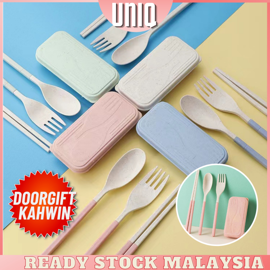 S27 READY STOCK UNIQ Portable Wheat Cutlery Set Travel Spoon Fork Chopstick Box / Sudu Set / Door gift / Wedding gift