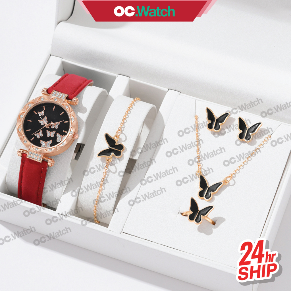 OCwatch Jam Tangan Wanita Perempuan Butterfly Set Kecil Fashion Ladies Watch Bracelet Small Girl Necklace Luxury Diamond