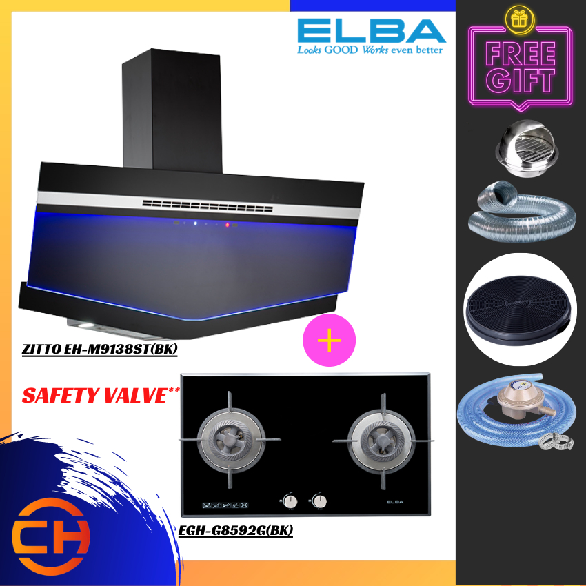 Elba Designer Hood Black Series ZITTO EH-M9138ST(BK) With Cooker Hob Gas Cooker Dapur