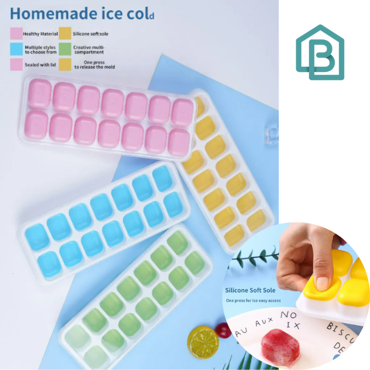 14 Holes Silicone Ice Tray Ice Cube Maker Baby Food Puree Mold Container Lid Bekas Pembuat Ais Batu 硅胶冰格辅食盒