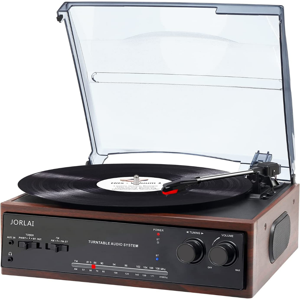 JORLAI Vintage Turntable Vinyl Player Record Player - AM/FM Built-in Speakers Dual Bluetooth RCA Outputs/Aux Input