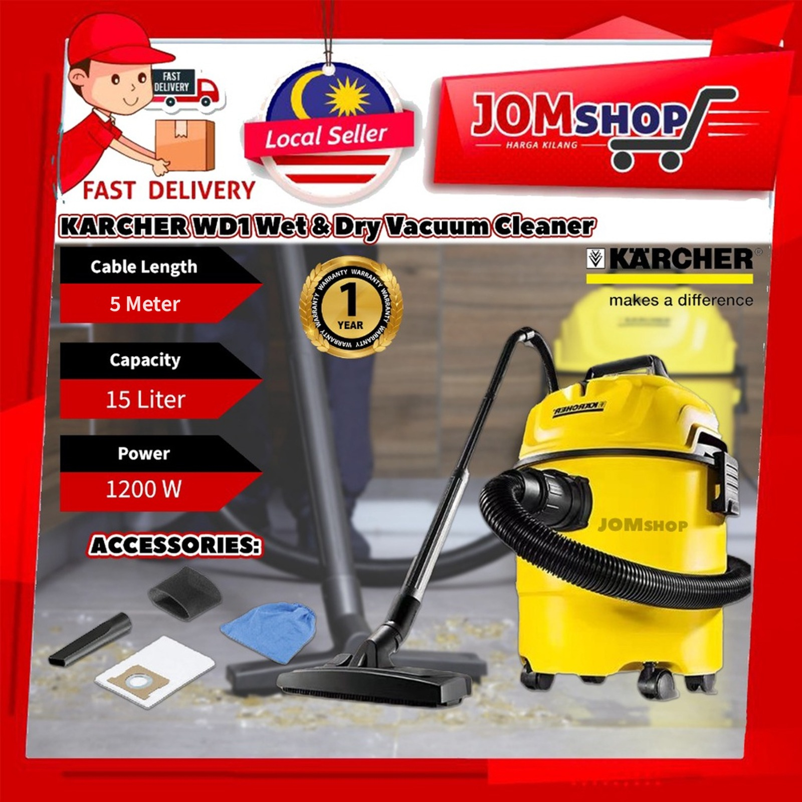 NEW MODEL💯 Karcher WD1 Classic Wet & Dry Multipurpose Vacuum Cleaner 1200W/15L Vacum Kereta Vacum Rumah Vaccum Cleaner