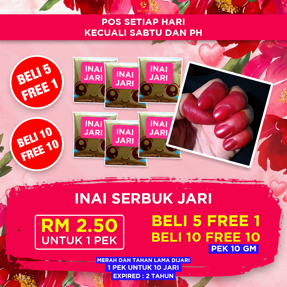 Beli 10 FREE 10, Beli 5 FREE 1 - Inai Serbuk Daun Asli Jari Cantik Dijamin Merah & Tahan Lama Di Jari