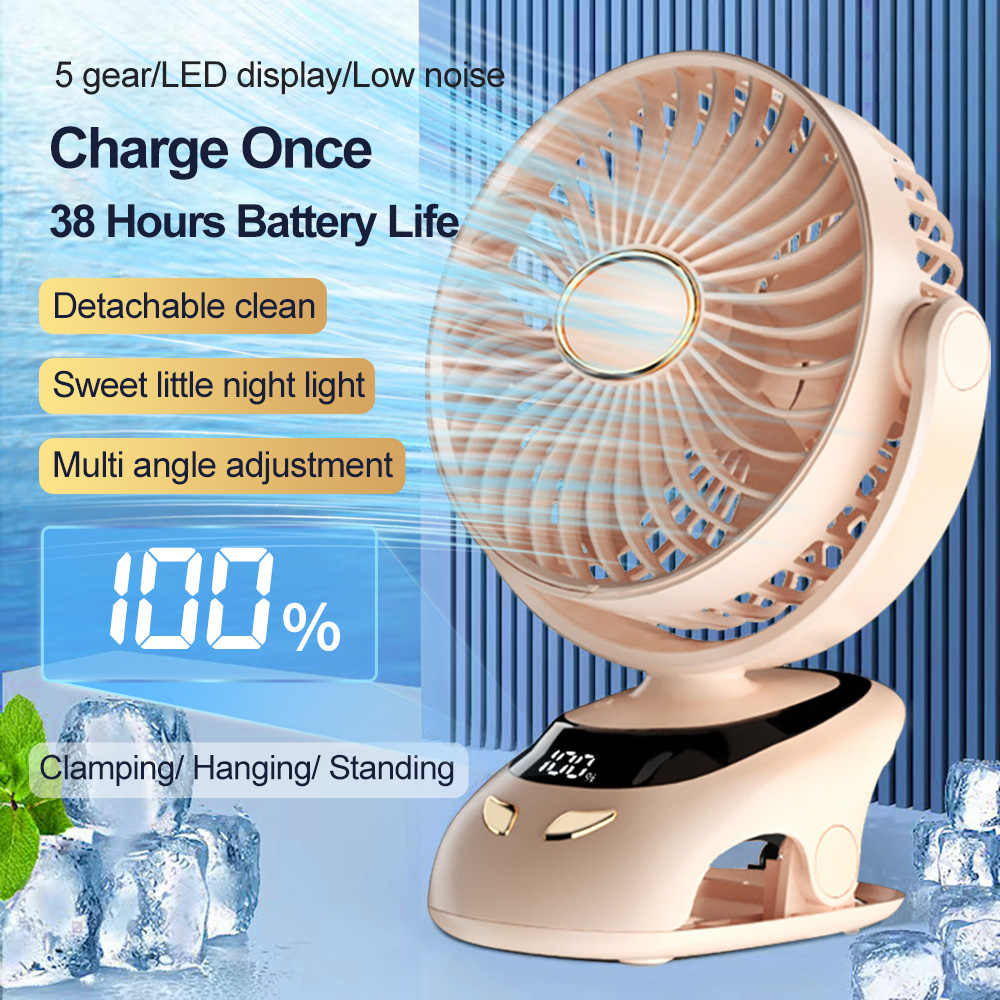 kipas Mini 90° Spin LED Light Portable Hand Mini Clip Cooling Fan Baby Stroller Office Table USB Charge Small Kipas N33