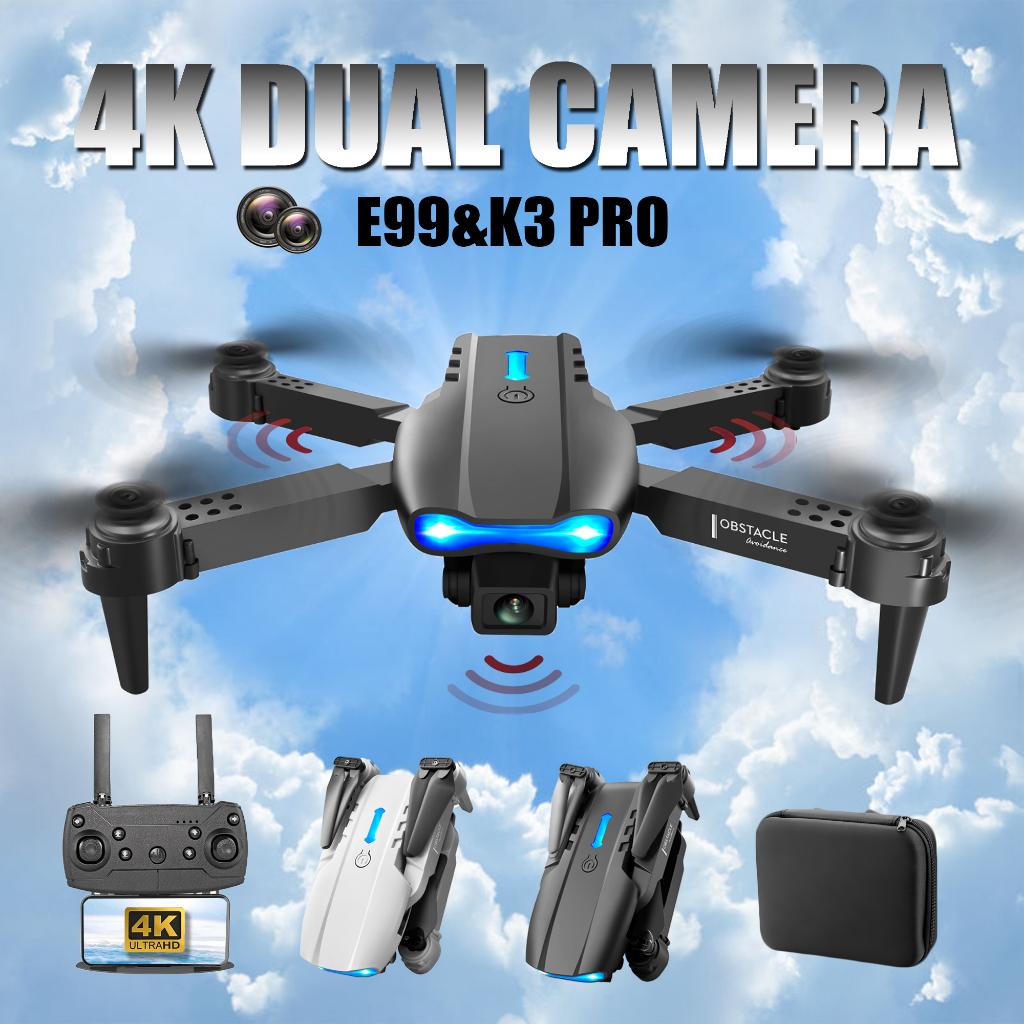 Dual Camera Drone K3 E88 E99 RC Quadcopter Foldable Portable WiFi FPV Drones With 4K HD Drone Camera Altitude(Malaysia Stock)