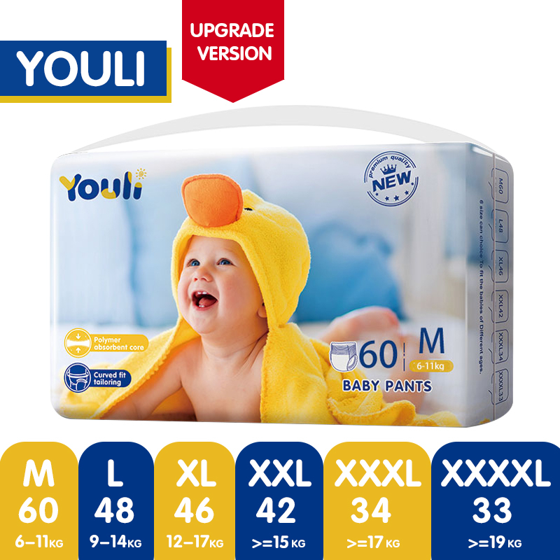 YOULI Premium Diapers Upgrade Version - M (60 Pcs)/L (48 Pcs)/XL (46 Pcs)/XXL (42 Pcs)/XXXL (34 Pcs)/XXXXL (33 Pcs)