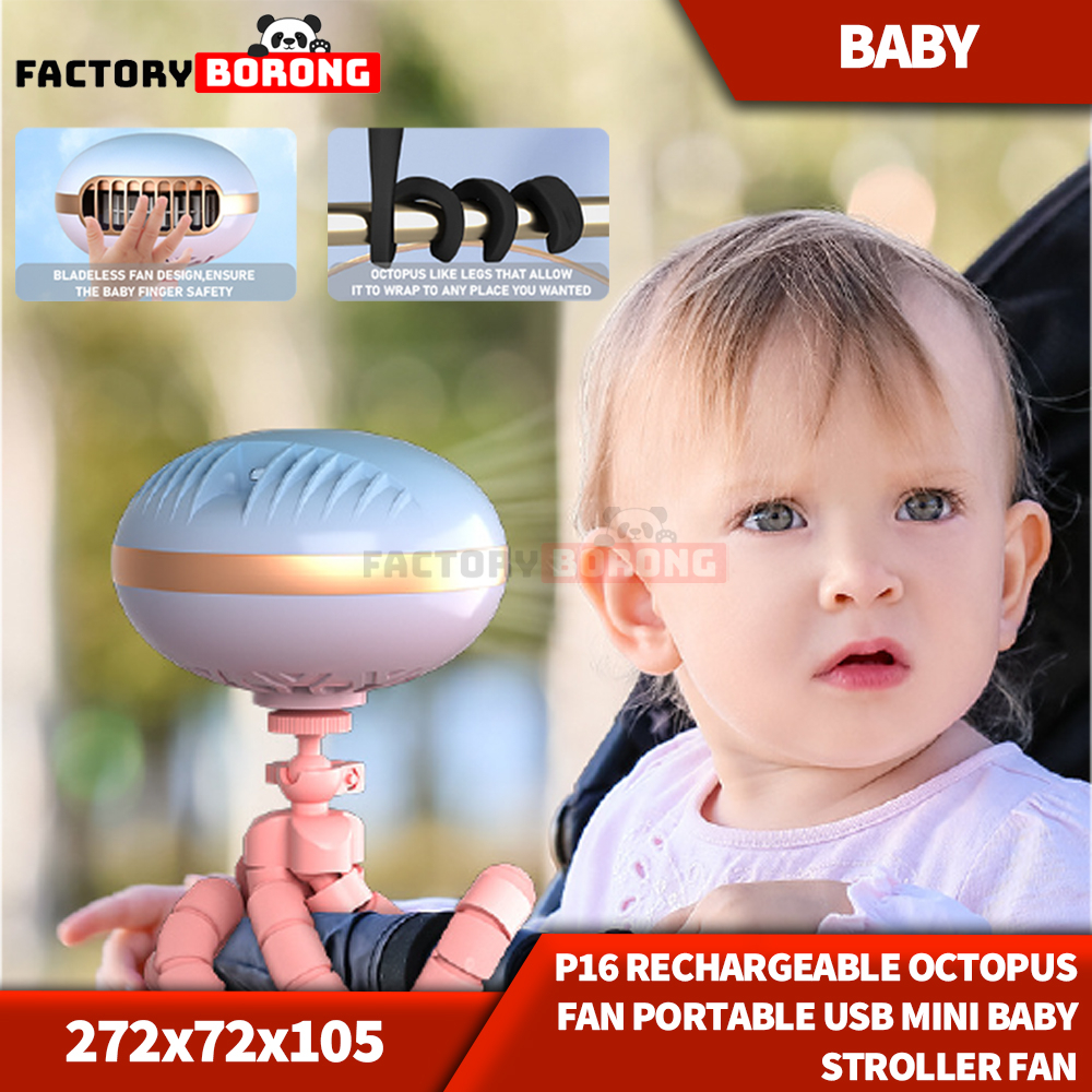 FACTORYBORONG P16 Kipas Sotong Boleh Dicas semula Portable USB Mini Kipas Stroller Bayi Boleh dicas semula Penyejuk Angi