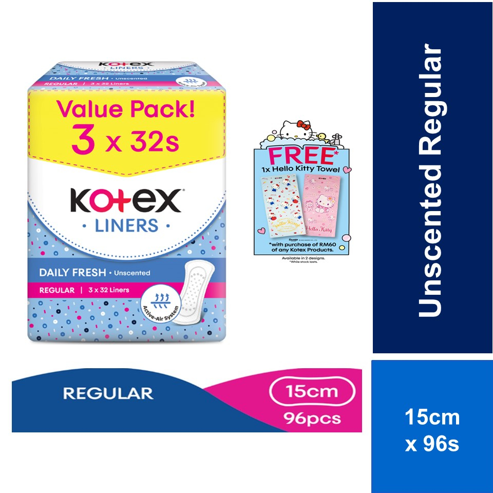 [Bundle of 3] Kotex Regular Unscented Panty Liners 15cm - Breathable, Comfortable & Rapid Absorption Liners 32s