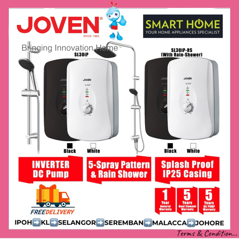 Joven Instant Water Heater (DC Pump)(Black/White) Inverter 5-Spray Pattern Showerhead SL30iP / SL30iP-AWB / SL30iP-RS