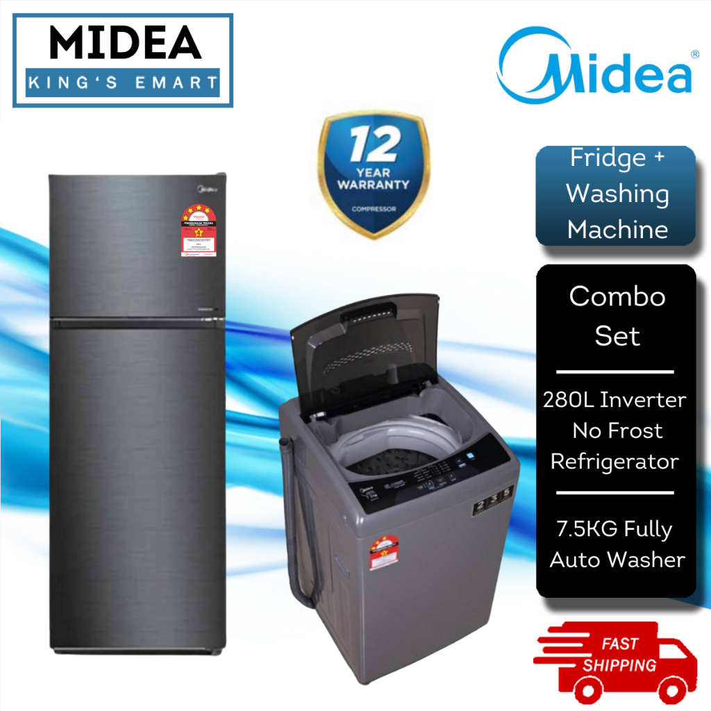 [COMBO SET] Midea 2 Door Inverter Fridge Refrigerator (280L) MDRT346MTB28 & Fully Auto Washing Machine (7.5kg) MFW-EC750